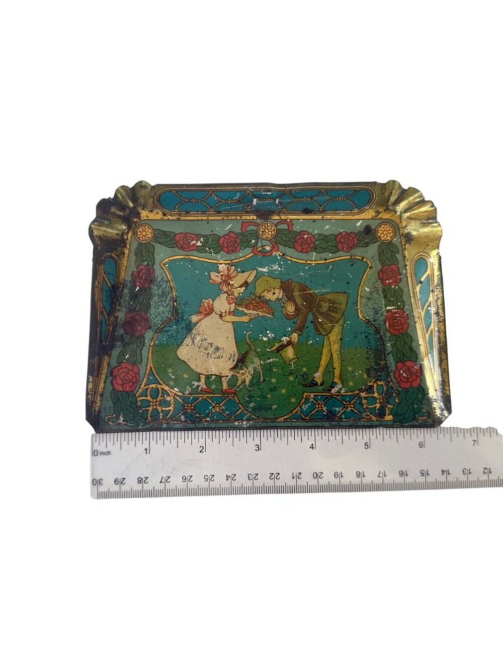 Vintage tin Butler dustpan Floral Boy Girl Cat Chippy Painted Metal Valet - Picture 5 of 5
